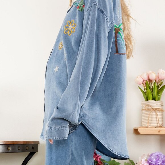 Groovy 70's Vibe Embroidered Button Down Tencel Shirt by BlueVelvet - Picture 6 of 7